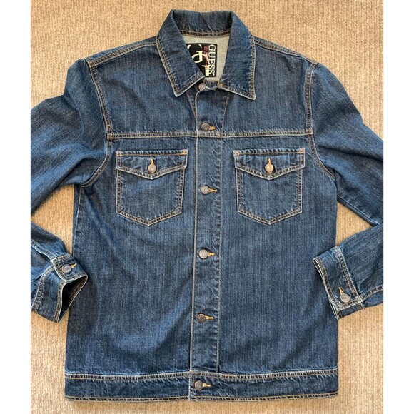 Guess Jeans Denim Trucker Jacket Mens L Full Button Type 2 Dark Wash Denim - Picture 1 of 8